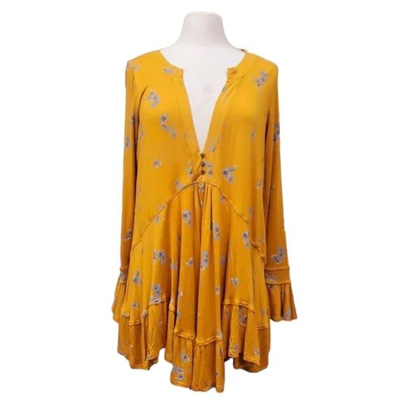 Free People Floral V-Neck Long Sleeve Olivia Tunic Dress in Marigold S - Picture 2 of 6